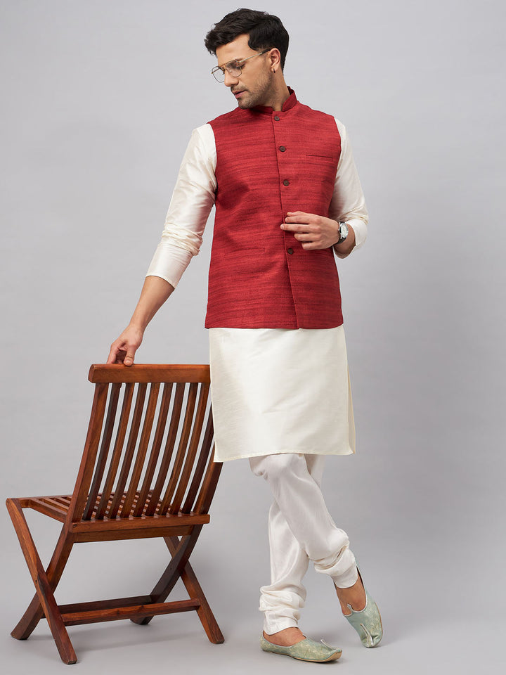 Sarvati Men's Maroon Matka Silk Nehru Jacket With Cream Silk Blend Kurta Pyjama Set