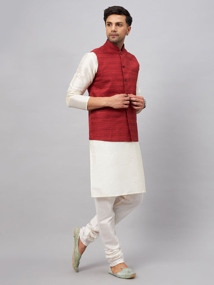 Sarvati Men's Maroon Matka Silk Nehru Jacket With Cream Silk Blend Kurta Pyjama Set