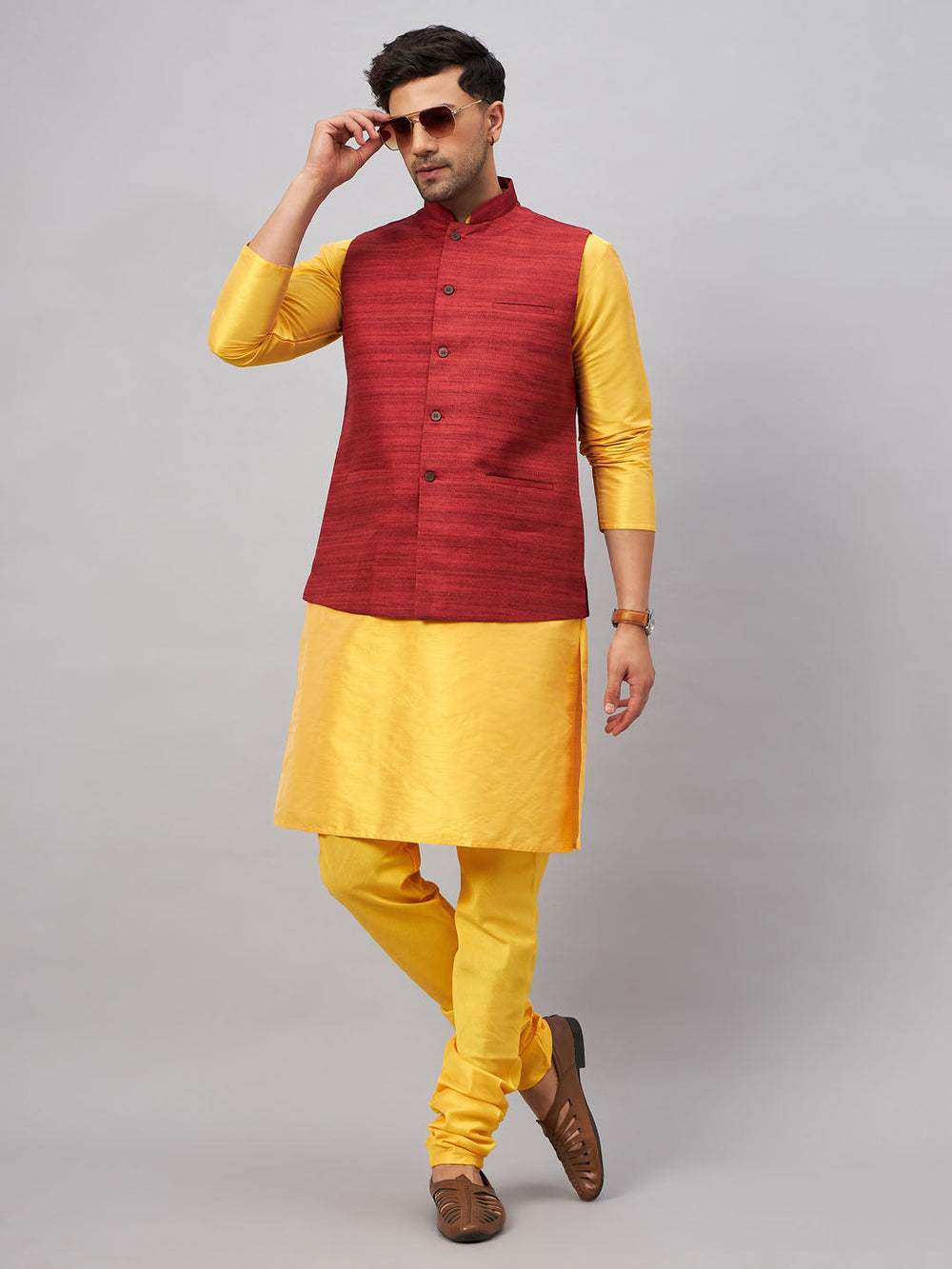 Sarvati Men's Maroon Jacket With Yellow Kurta And Pyjama Set