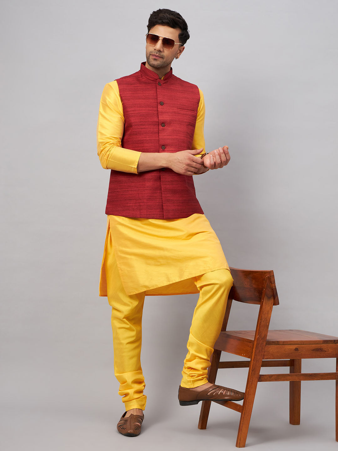 Sarvati Men's Maroon Jacket With Yellow Kurta And Pyjama Set