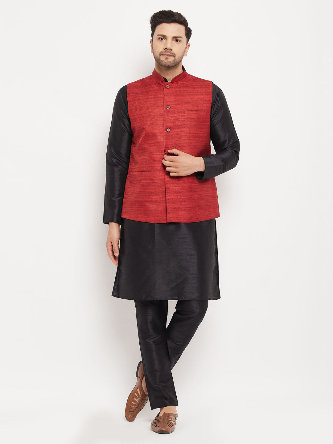 Sarvati Men's Maroon Matka Silk Nehru Jacket With Black Silk Blend Kurta and Pant style Pyjama Set