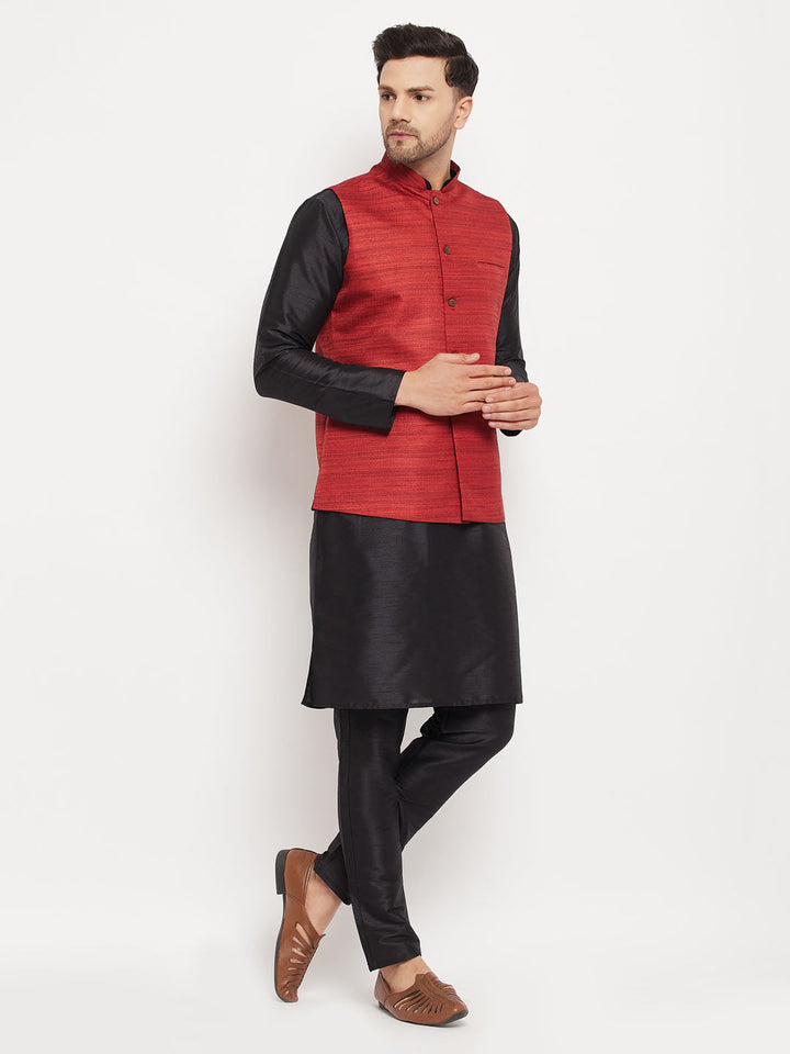 Sarvati Men's Maroon Matka Silk Nehru Jacket With Black Silk Blend Kurta and Pant style Pyjama Set