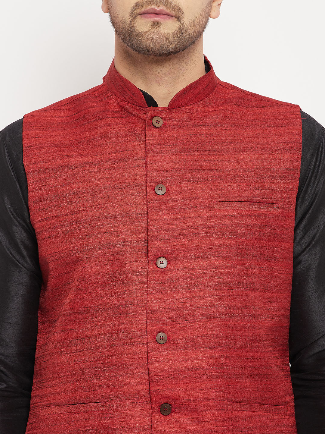 Sarvati Men's Maroon Matka Silk Nehru Jacket With Black Silk Blend Kurta and Pant style Pyjama Set