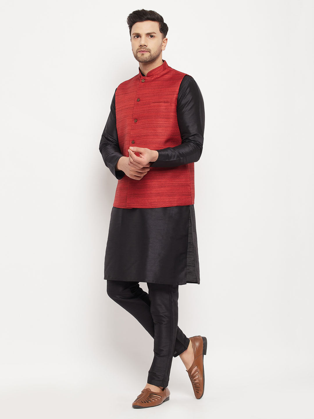 Sarvati Men's Maroon Matka Silk Nehru Jacket With Black Silk Blend Kurta and Pant style Pyjama Set