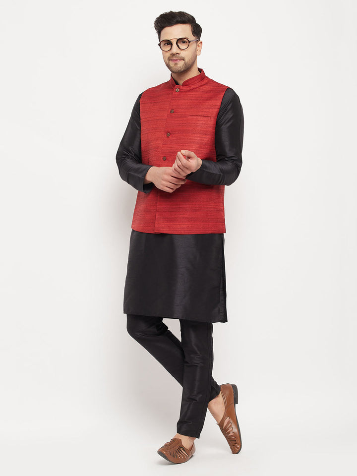 Sarvati Men's Maroon Matka Silk Nehru Jacket With Black Silk Blend Kurta and Pant style Pyjama Set