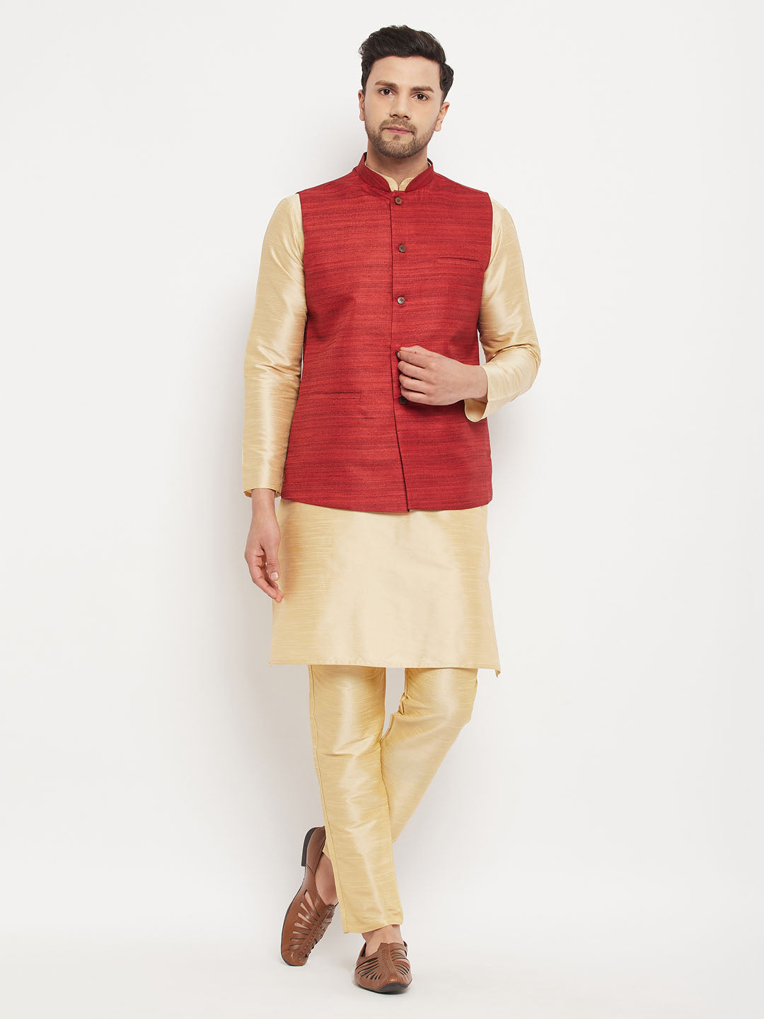 Sarvati Men's Maroon Matka Silk Nehru Jacket With Gold Silk Blend Kurta and Pant style Pyjama Set