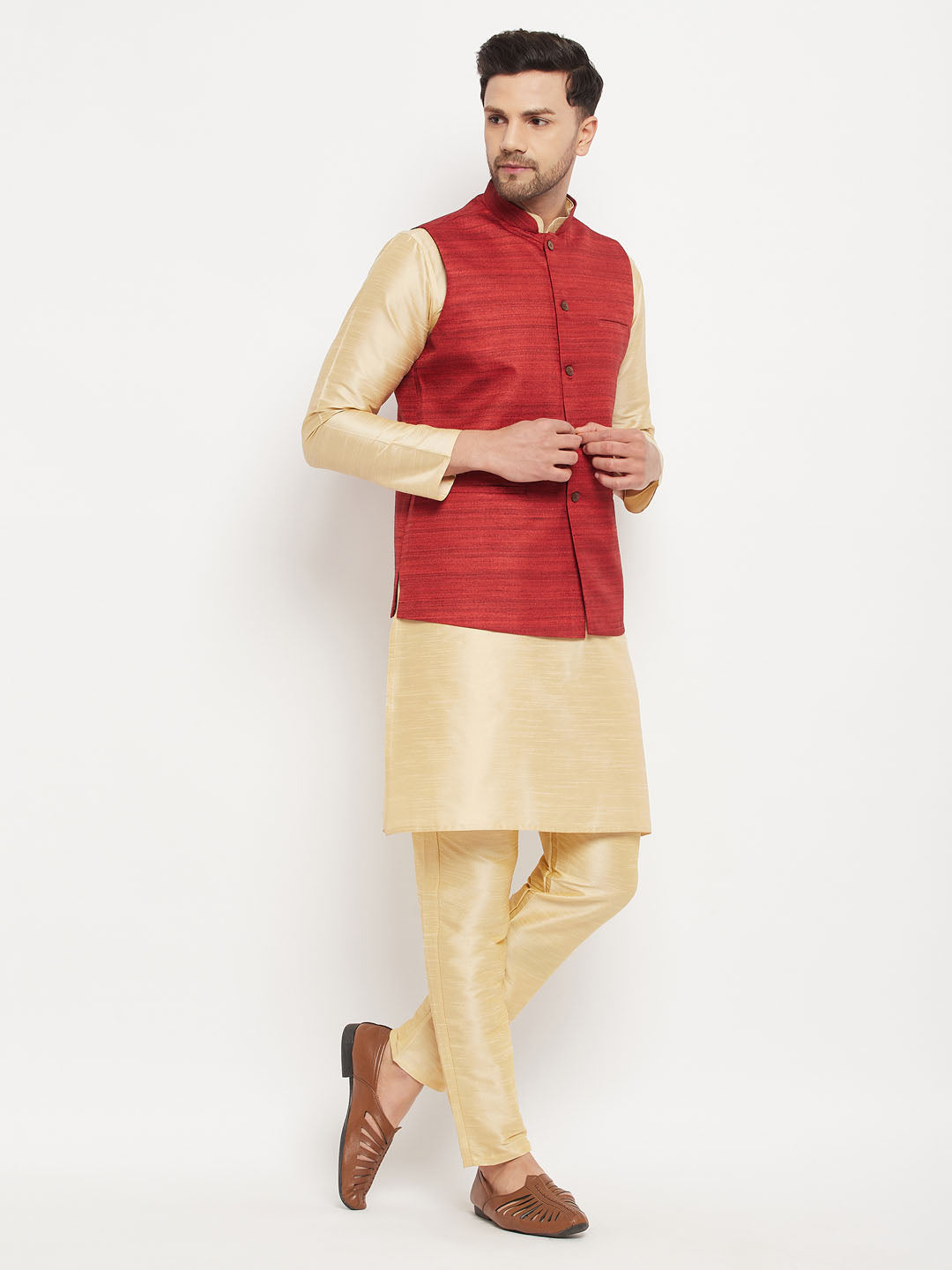 Sarvati Men's Maroon Matka Silk Nehru Jacket With Gold Silk Blend Kurta and Pant style Pyjama Set