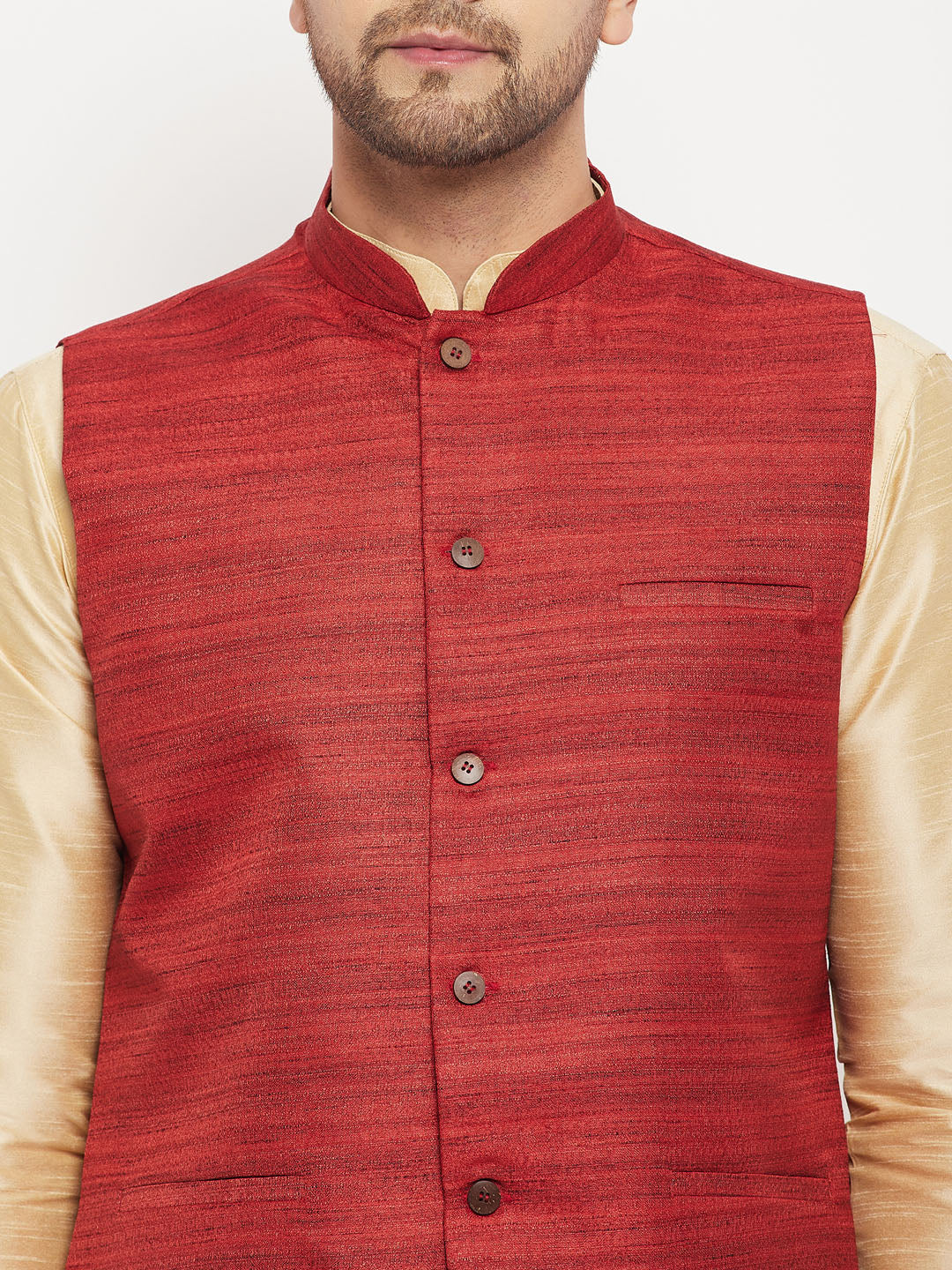 Sarvati Men's Maroon Matka Silk Nehru Jacket With Gold Silk Blend Kurta and Pant style Pyjama Set