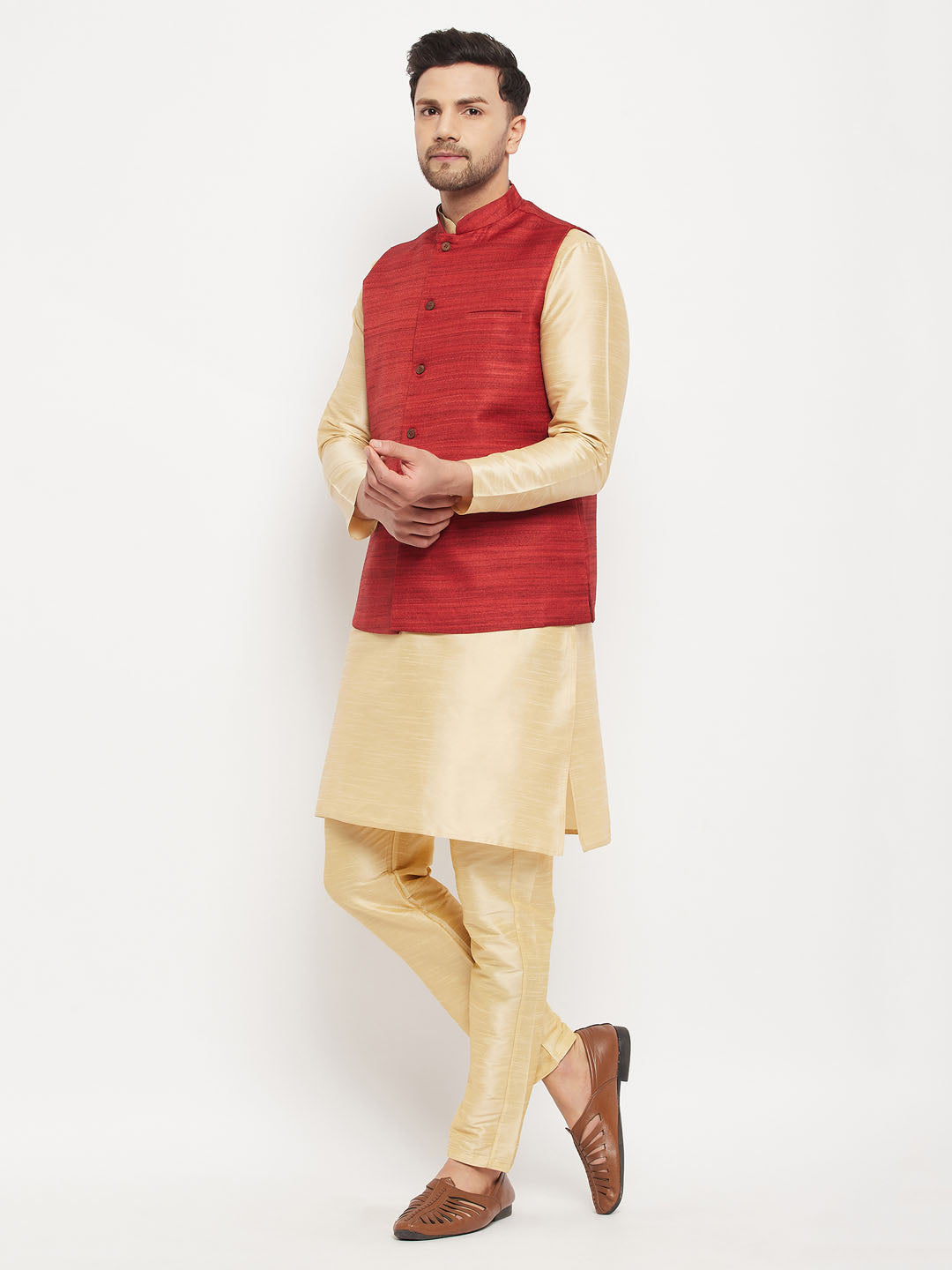 Sarvati Men's Maroon Matka Silk Nehru Jacket With Gold Silk Blend Kurta and Pant style Pyjama Set