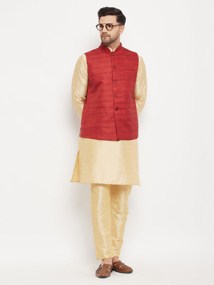 Sarvati Men's Maroon Matka Silk Nehru Jacket With Gold Silk Blend Kurta and Pant style Pyjama Set