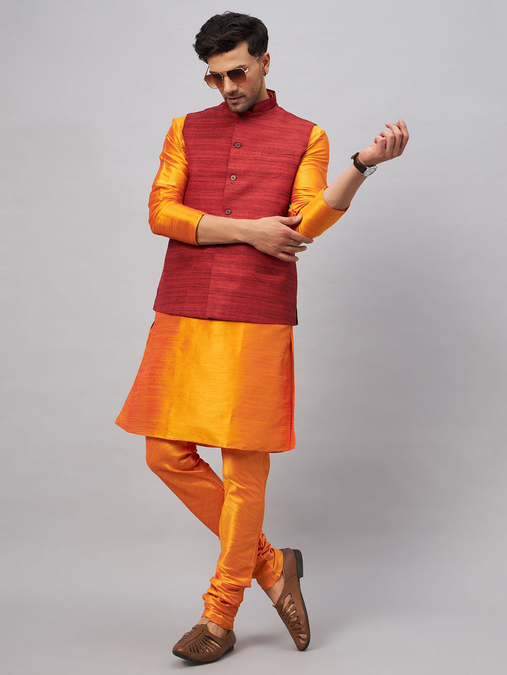 Sarvati Men's Maroon Jacket With Orange Kurta And Pyjama Set