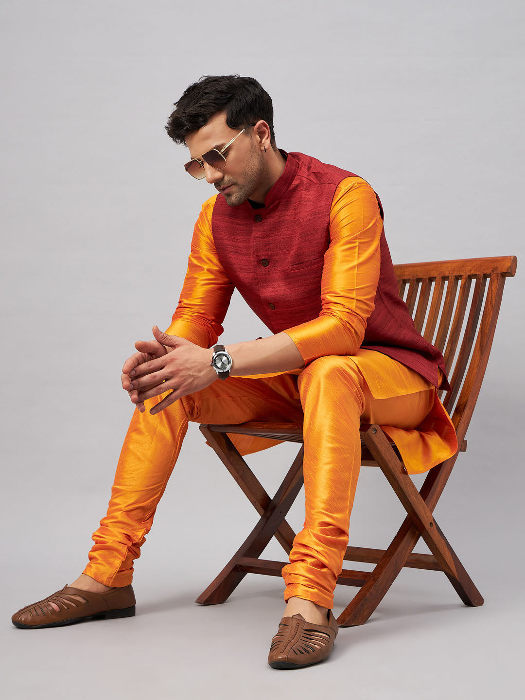 Sarvati Men's Maroon Jacket With Orange Kurta And Pyjama Set