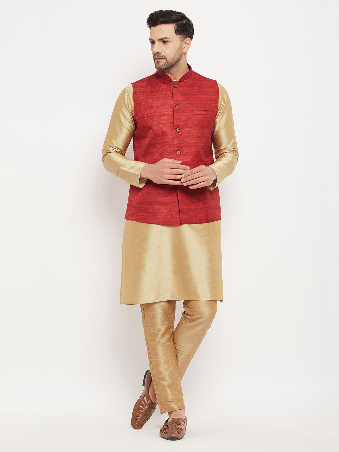 Sarvati Men's Maroon Matka Silk Nehru Jacket With Rose Gold Silk Blend Kurta and Pant style Pyjama Set