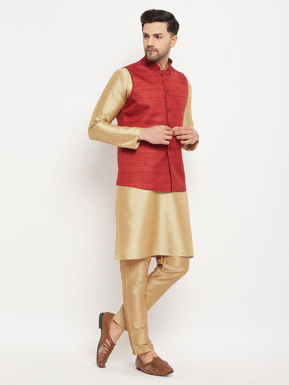 Sarvati Men's Maroon Matka Silk Nehru Jacket With Rose Gold Silk Blend Kurta and Pant style Pyjama Set