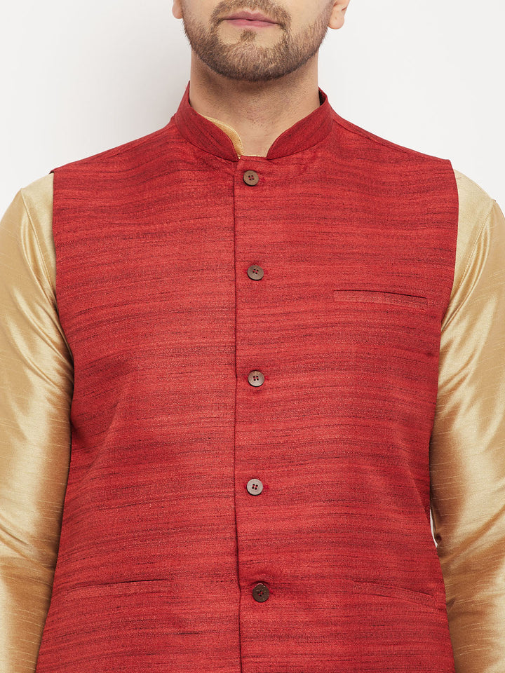 Sarvati Men's Maroon Matka Silk Nehru Jacket With Rose Gold Silk Blend Kurta and Pant style Pyjama Set