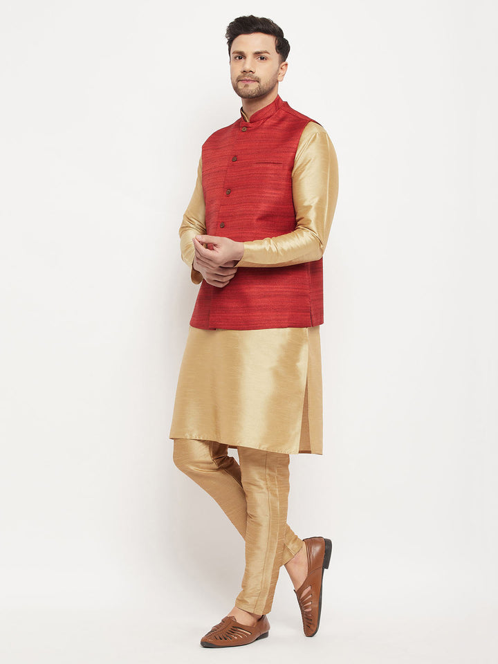 Sarvati Men's Maroon Matka Silk Nehru Jacket With Rose Gold Silk Blend Kurta and Pant style Pyjama Set