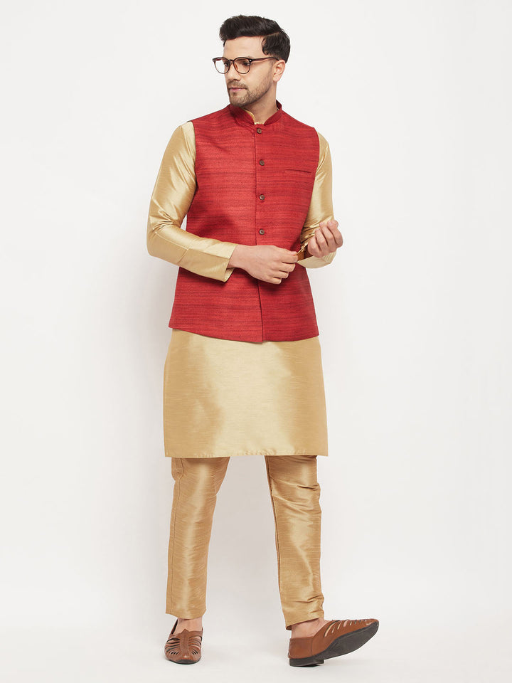 Sarvati Men's Maroon Matka Silk Nehru Jacket With Rose Gold Silk Blend Kurta and Pant style Pyjama Set