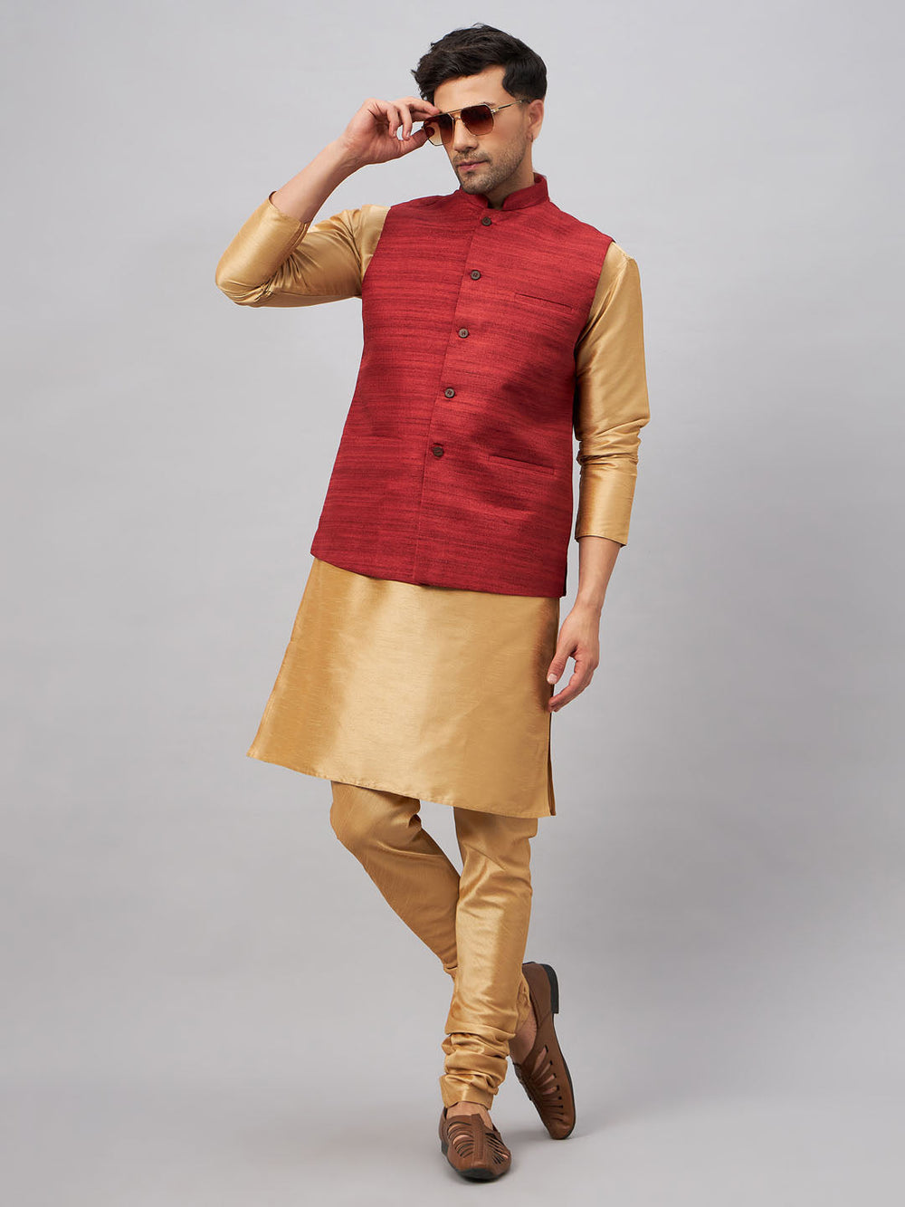 Sarvati Men's Maroon Jacket With Rose Gold Kurta And Pyjama Set