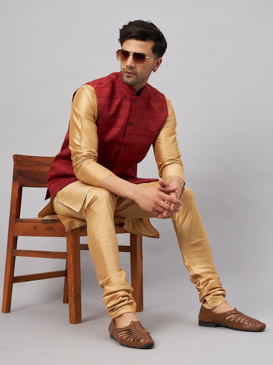 Sarvati Men's Maroon Jacket With Rose Gold Kurta And Pyjama Set