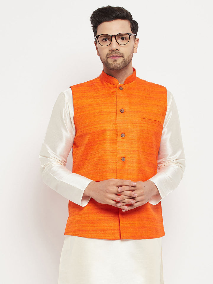 Men's Orange Silk Blend Nehru Jacket