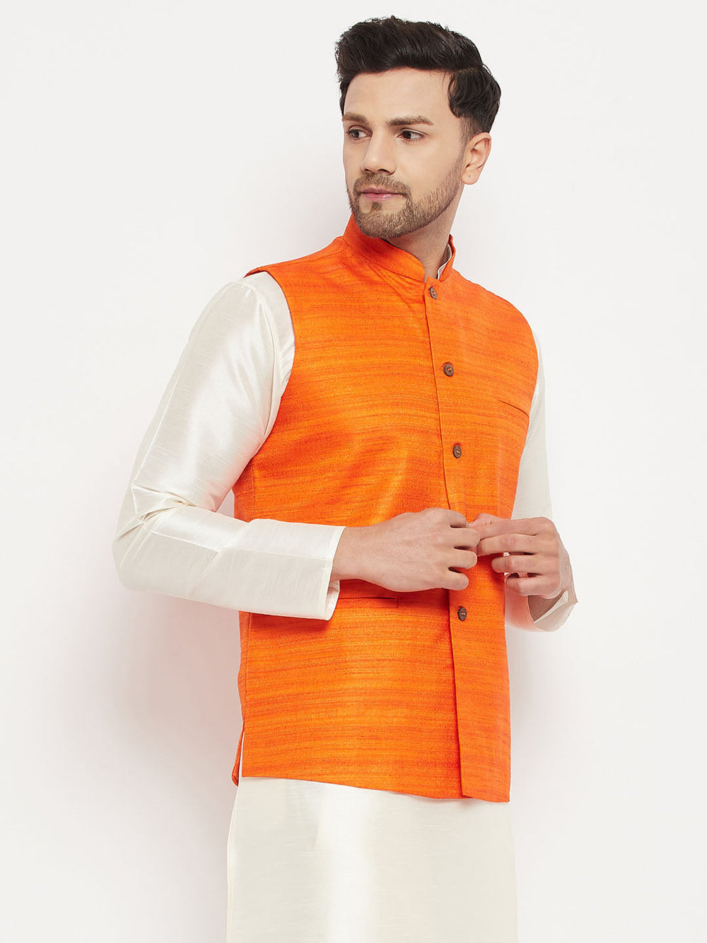 Men's Orange Silk Blend Nehru Jacket