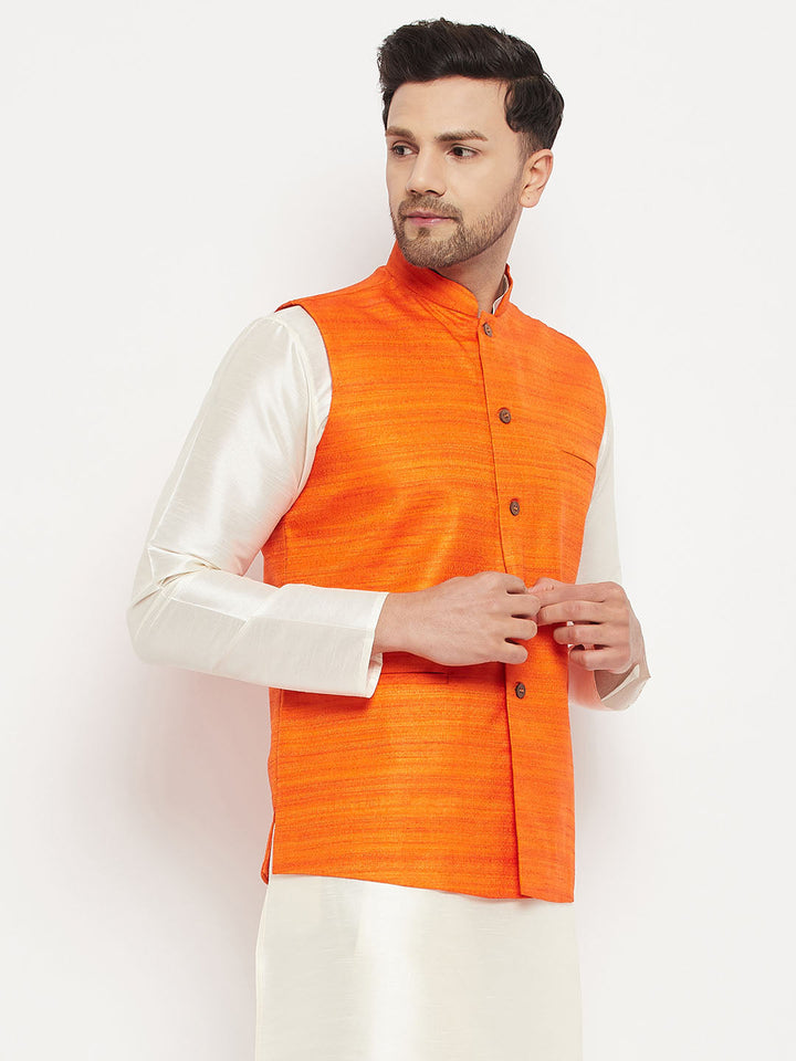 Men's Orange Silk Blend Nehru Jacket