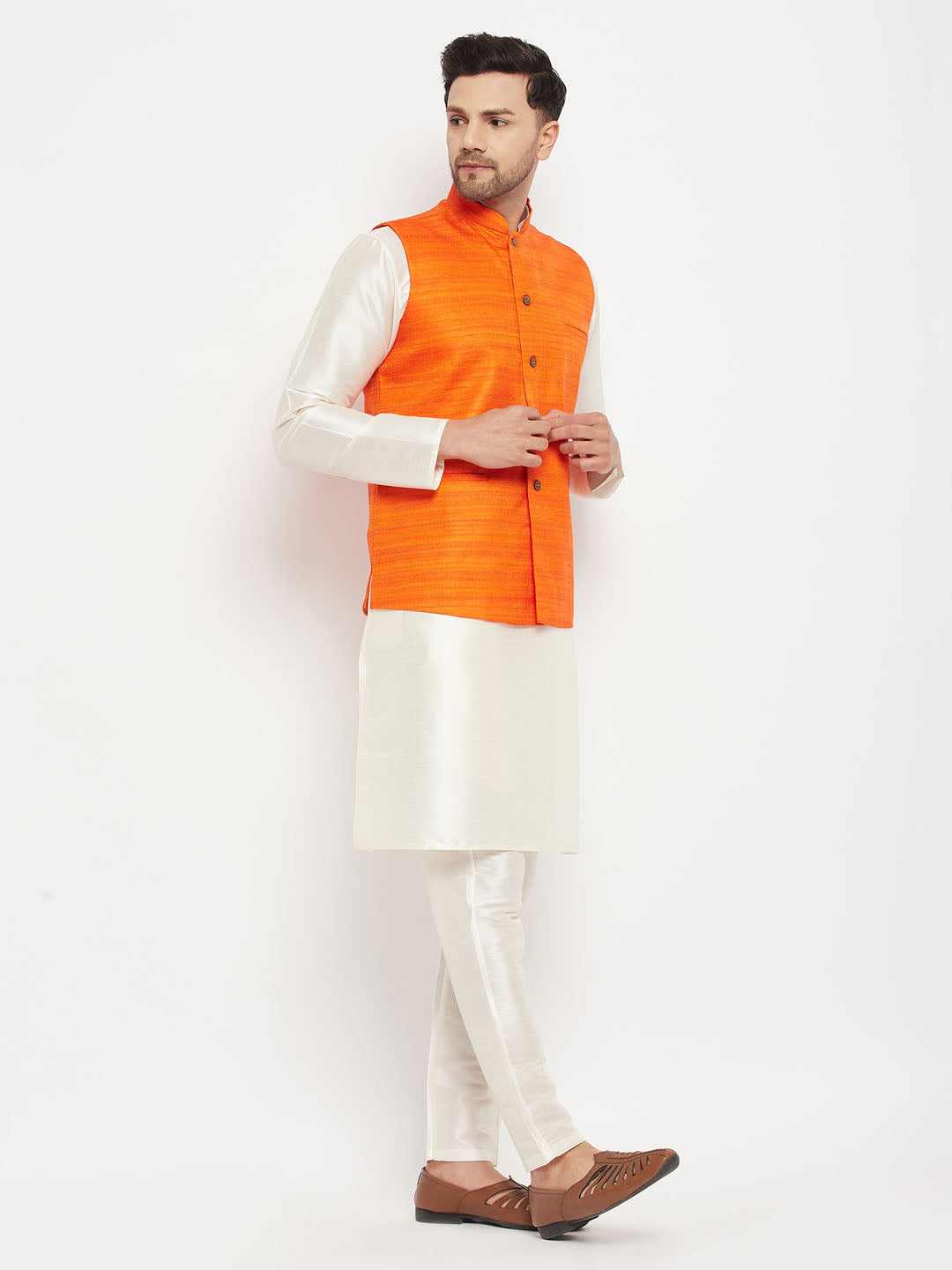 Sarvati Men's Orange Matka Silk Nehru Jacket With Kurta and Pant style Pyjama Set