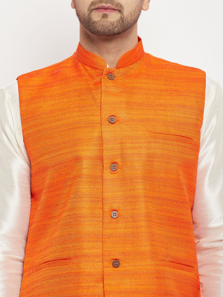 Sarvati Men's Orange Matka Silk Nehru Jacket With Kurta and Pant style Pyjama Set