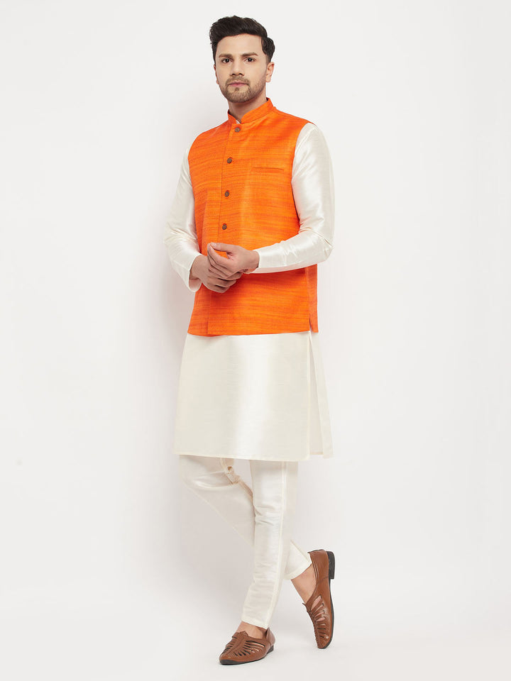 Sarvati Men's Orange Matka Silk Nehru Jacket With Kurta and Pant style Pyjama Set