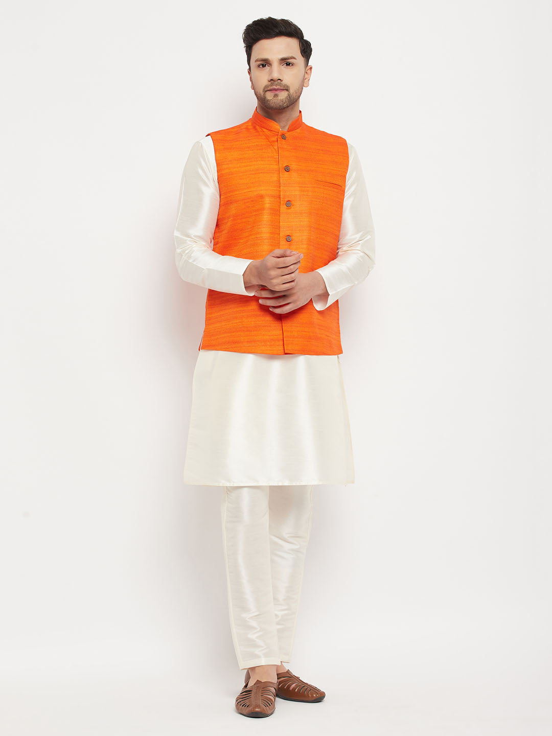 Sarvati Men's Orange Matka Silk Nehru Jacket With Kurta and Pant style Pyjama Set