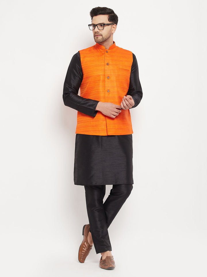 Sarvati Men's Orange Matka Silk Nehru Jacket With Black Silk Blend Kurta and Pant style Pyjama Set