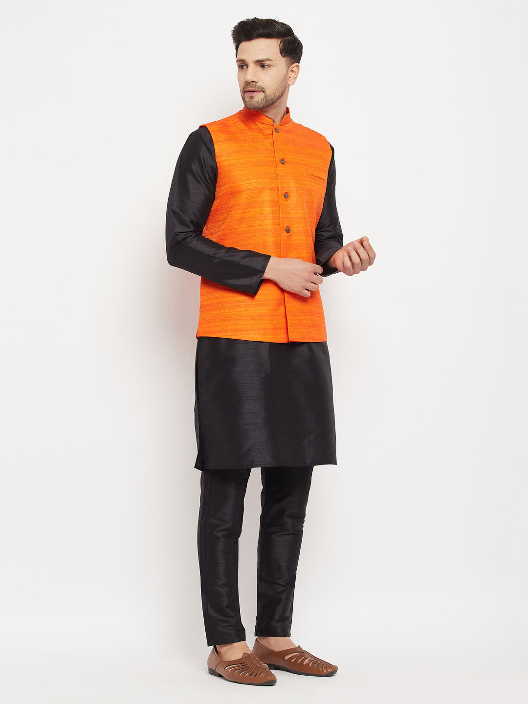 Sarvati Men's Orange Matka Silk Nehru Jacket With Black Silk Blend Kurta and Pant style Pyjama Set