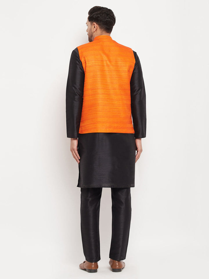 Sarvati Men's Orange Matka Silk Nehru Jacket With Black Silk Blend Kurta and Pant style Pyjama Set