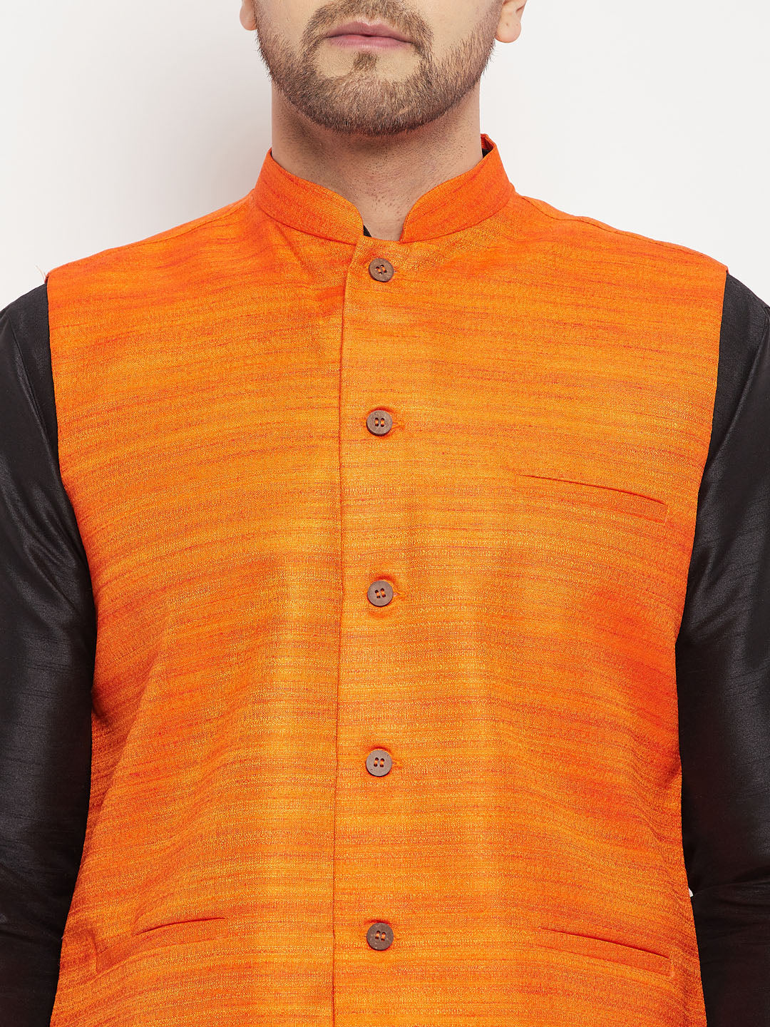 Sarvati Men's Orange Matka Silk Nehru Jacket With Black Silk Blend Kurta and Pant style Pyjama Set