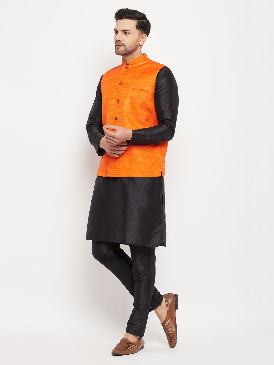 Sarvati Men's Orange Matka Silk Nehru Jacket With Black Silk Blend Kurta and Pant style Pyjama Set