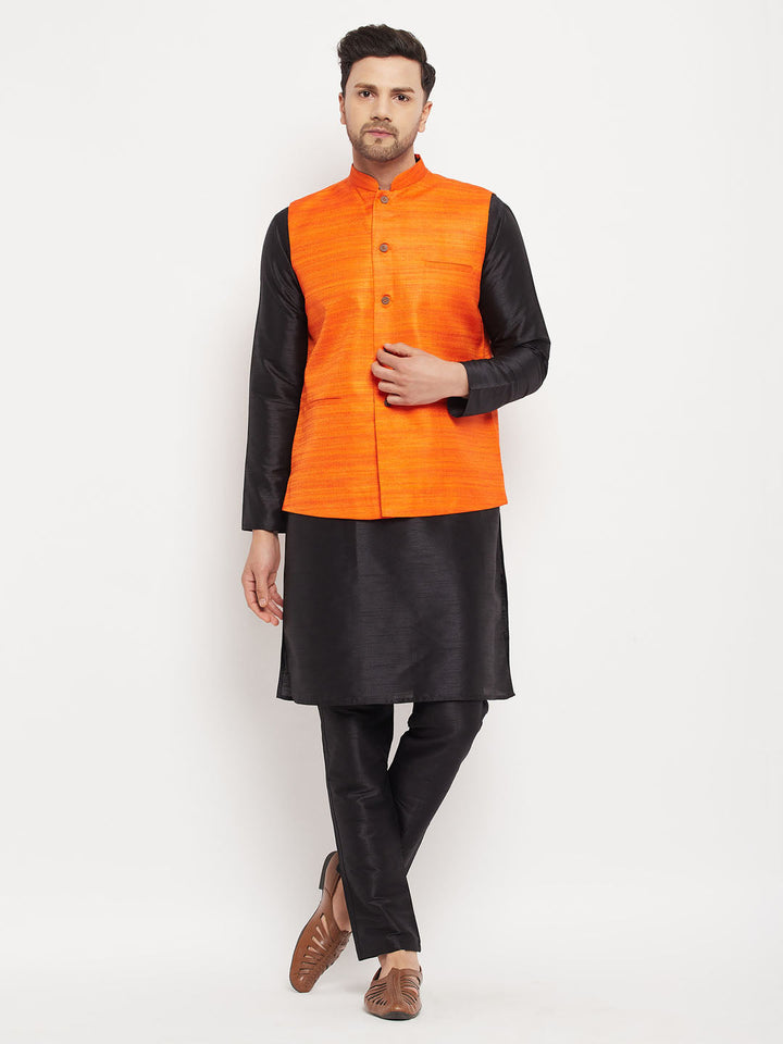 Sarvati Men's Orange Matka Silk Nehru Jacket With Black Silk Blend Kurta and Pant style Pyjama Set