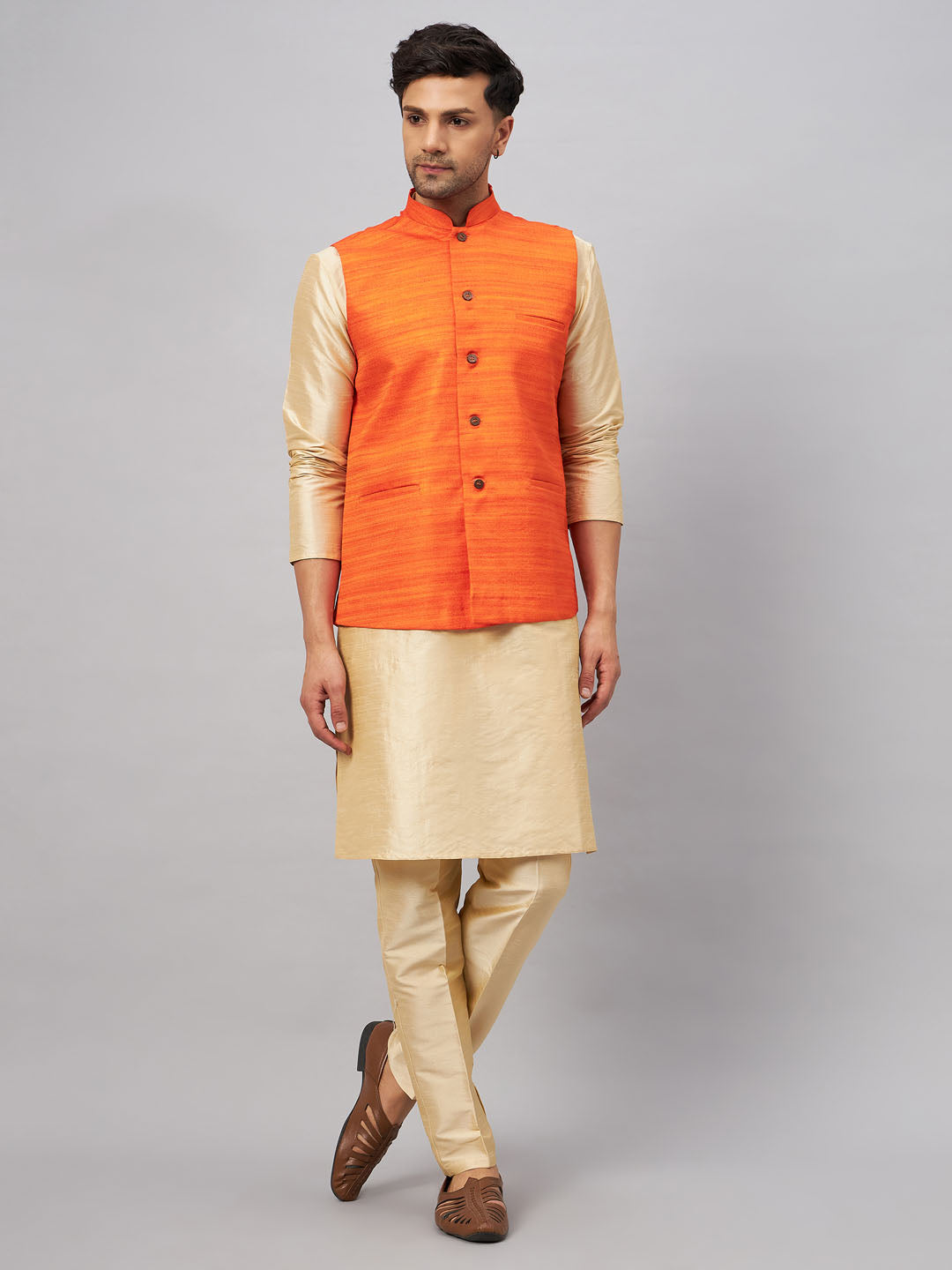 Sarvati Men's Orange Matka Silk Nehru Jacket With Gold Silk Blend Kurta and Pant style Pyjama Set