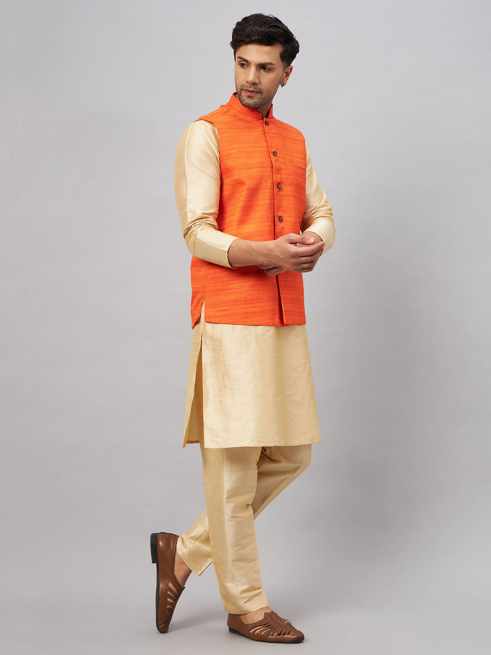 Sarvati Men's Orange Matka Silk Nehru Jacket With Gold Silk Blend Kurta and Pant style Pyjama Set