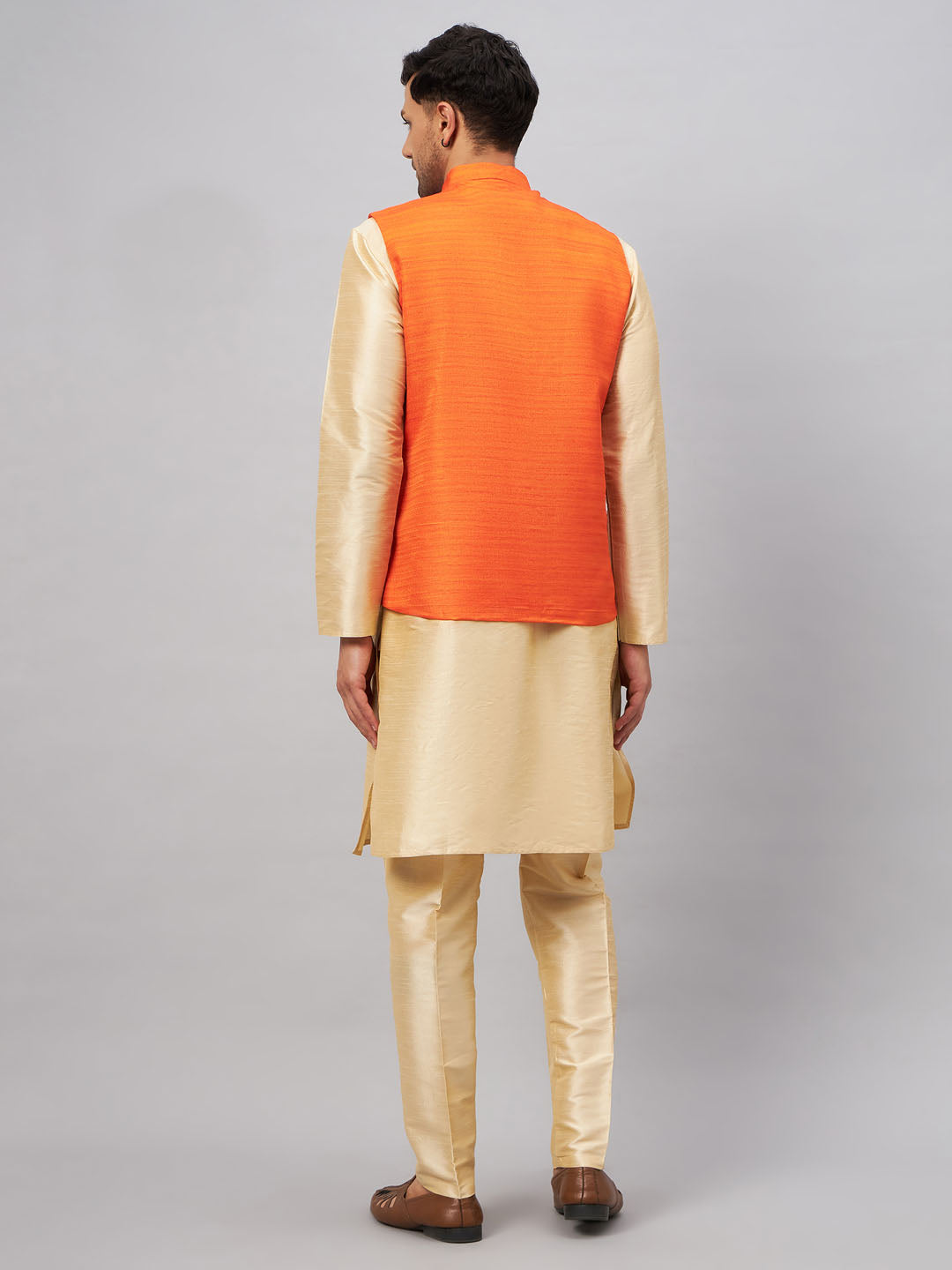 Sarvati Men's Orange Matka Silk Nehru Jacket With Gold Silk Blend Kurta and Pant style Pyjama Set