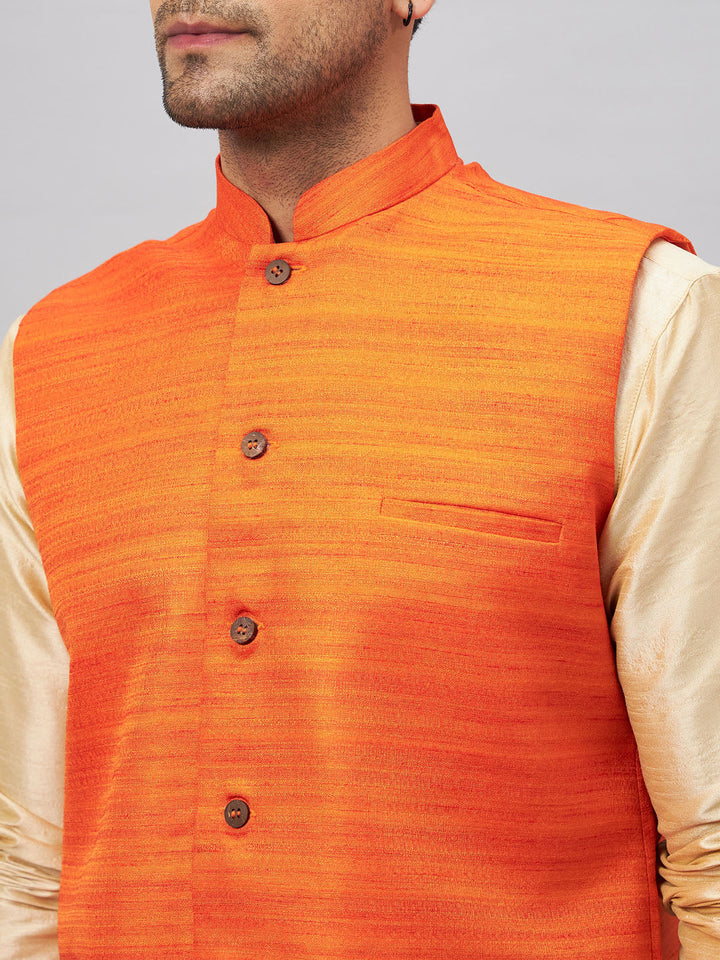 Sarvati Men's Orange Matka Silk Nehru Jacket With Gold Silk Blend Kurta and Pant style Pyjama Set