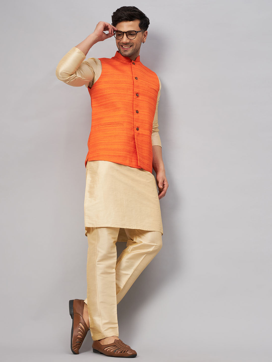 Sarvati Men's Orange Matka Silk Nehru Jacket With Gold Silk Blend Kurta and Pant style Pyjama Set