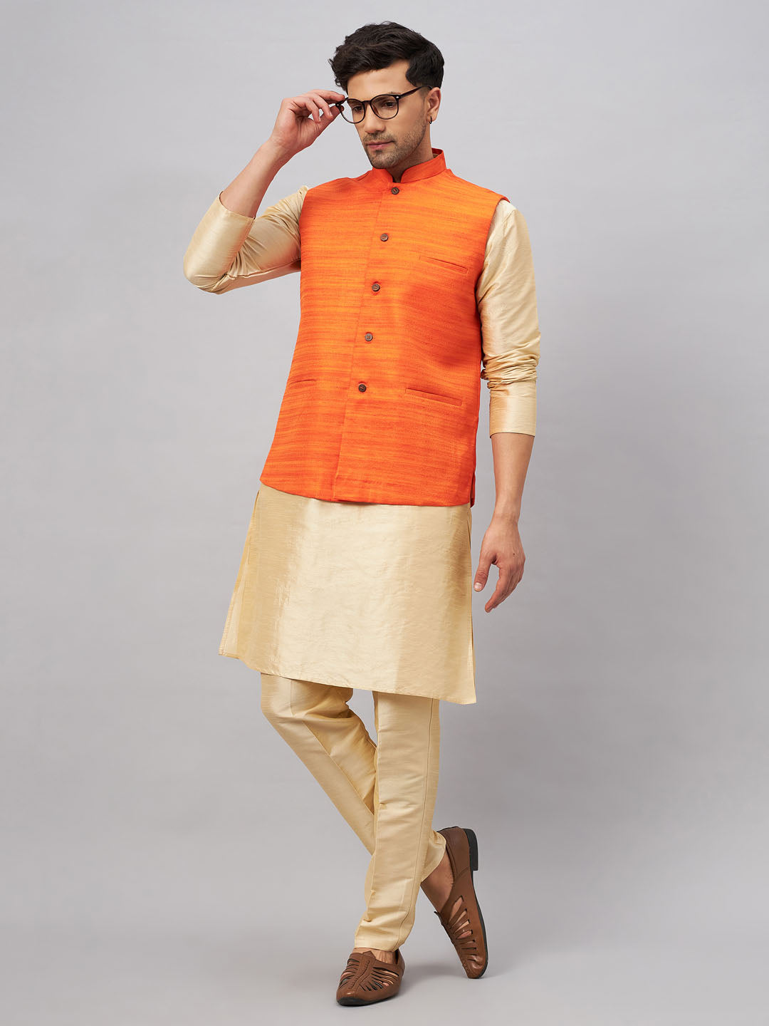 Sarvati Men's Orange Matka Silk Nehru Jacket With Gold Silk Blend Kurta and Pant style Pyjama Set