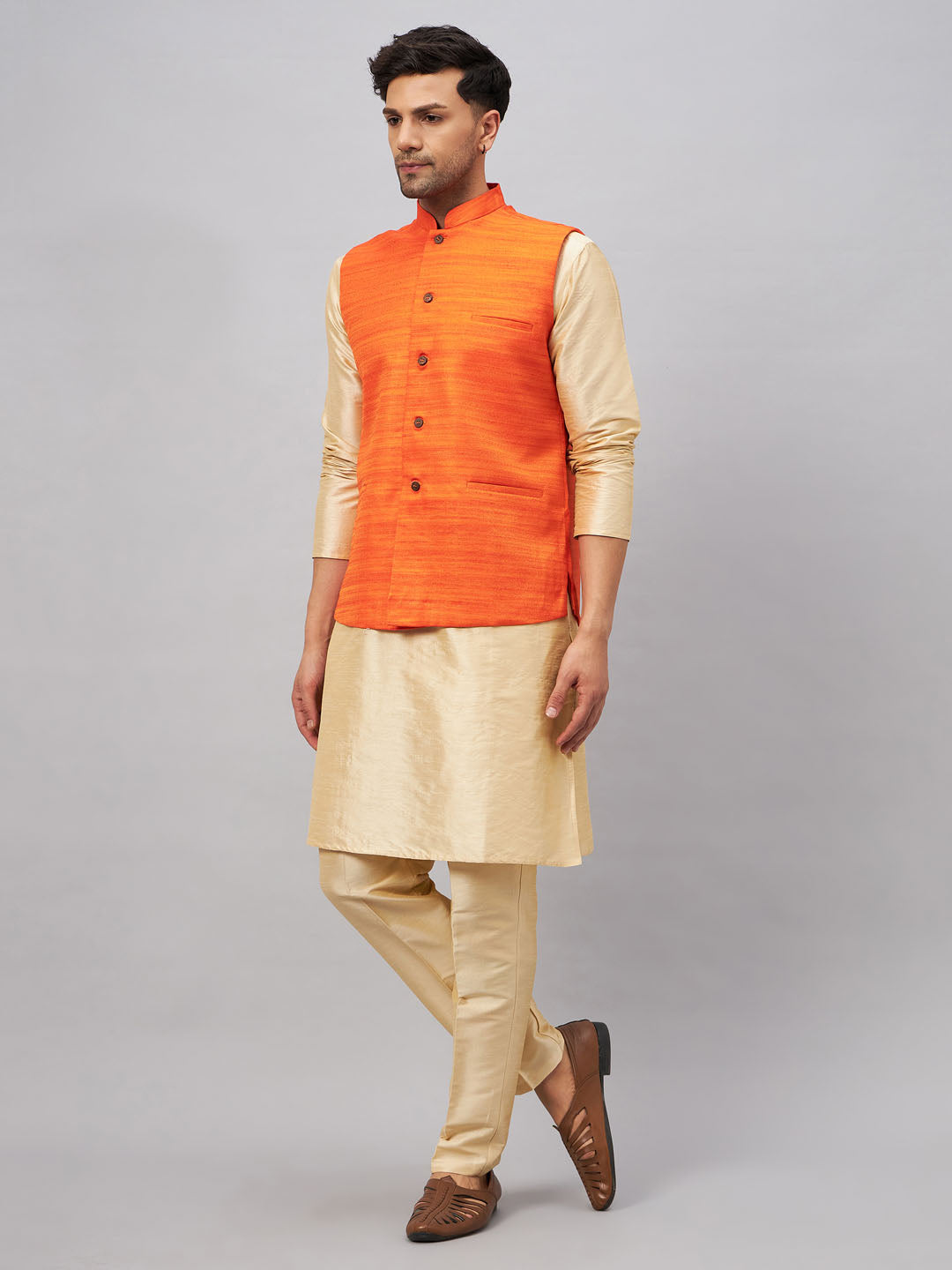 Sarvati Men's Orange Matka Silk Nehru Jacket With Gold Silk Blend Kurta and Pant style Pyjama Set