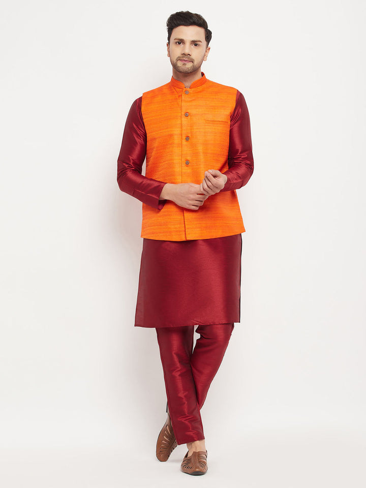 Sarvati Men's Orange Matka Silk Nehru Jacket With Maroon Silk Blend Kurta and Pant style Pyjama Set