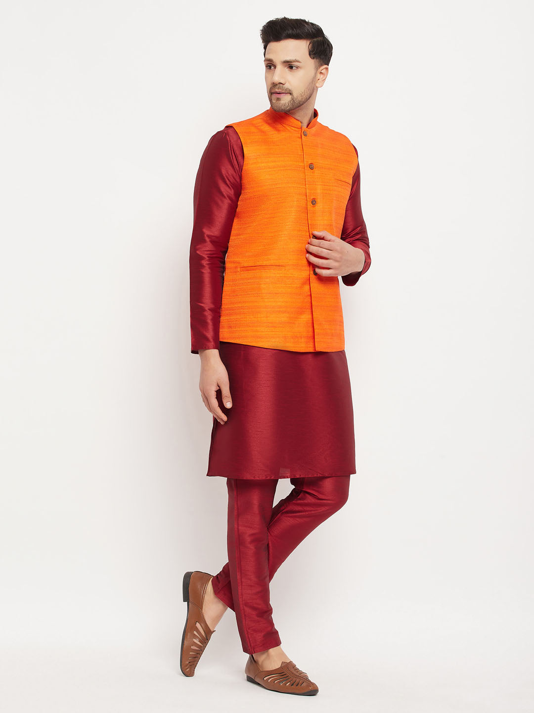 Sarvati Men's Orange Matka Silk Nehru Jacket With Maroon Silk Blend Kurta and Pant style Pyjama Set