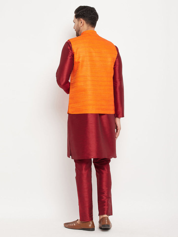 Sarvati Men's Orange Matka Silk Nehru Jacket With Maroon Silk Blend Kurta and Pant style Pyjama Set