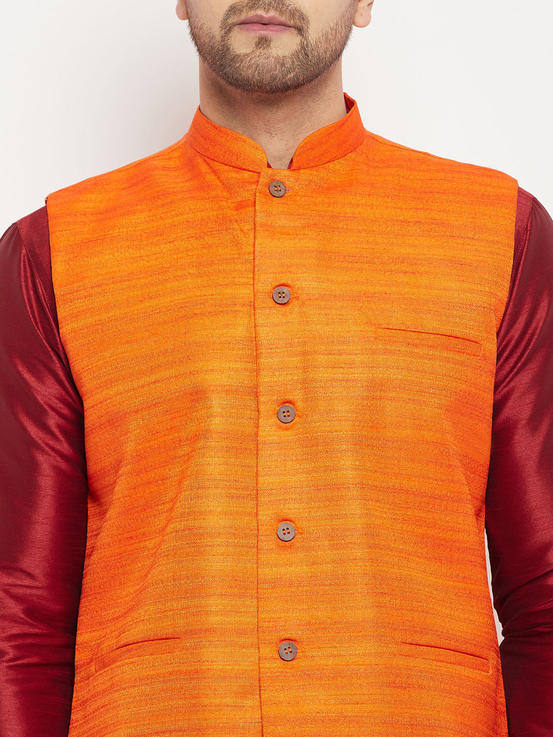 Sarvati Men's Orange Matka Silk Nehru Jacket With Maroon Silk Blend Kurta and Pant style Pyjama Set