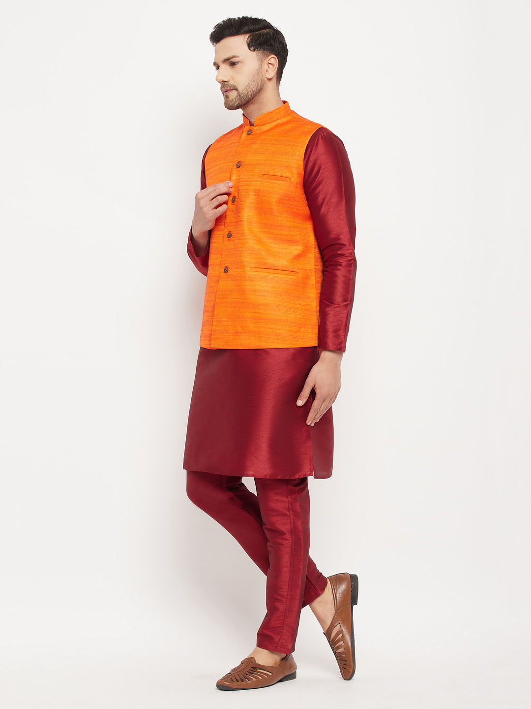 Sarvati Men's Orange Matka Silk Nehru Jacket With Maroon Silk Blend Kurta and Pant style Pyjama Set