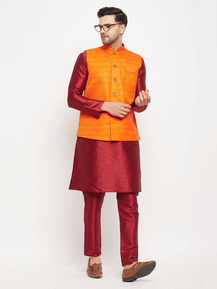 Sarvati Men's Orange Matka Silk Nehru Jacket With Maroon Silk Blend Kurta and Pant style Pyjama Set