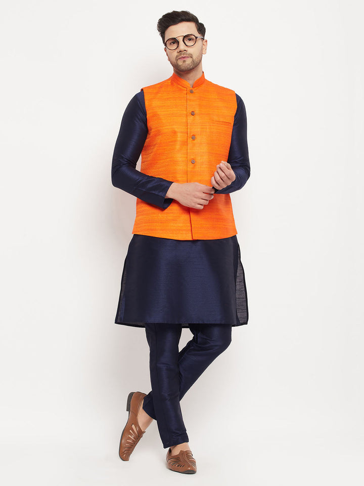 Sarvati Men's Orange Matka Silk Nehru Jacket With Navy Blue Silk Blend Kurta and Pant style Pyjama Set